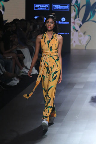 Mustard Lily Print Cross Back Jumpsuit - Farah Sanjana