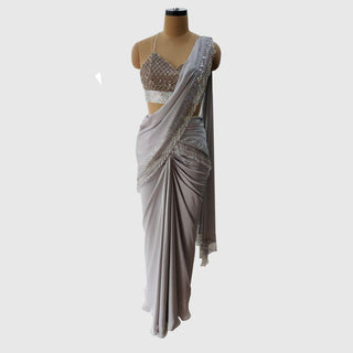 Light Grey Pre-Draped Saree Set - Farah Sanjana