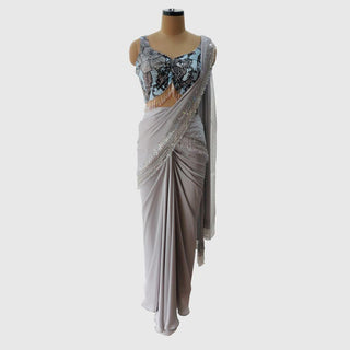 Light Grey And Silver Pre Drape Saree Set - Farah Sanjana