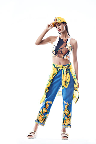 Mustard Lily Print Applique Work Denim Pants - Farah Sanjana