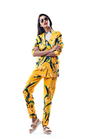 Mustard Lily Print Blazer - Farah Sanjana