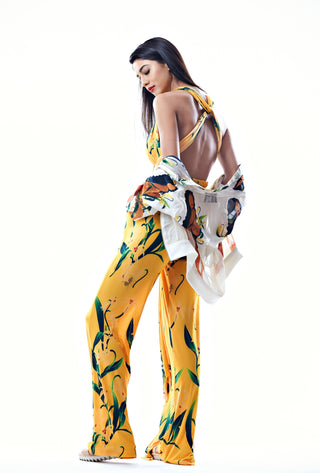 Mustard Lily Print Cross Back Jumpsuit - Farah Sanjana
