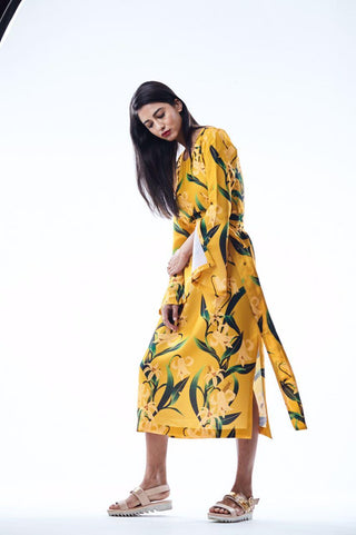 Mustard Lily Print Slit Dress - Farah Sanjana