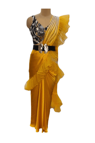 Mustard Saree, Sagrada Knot Blouse Set - Farah Sanjana