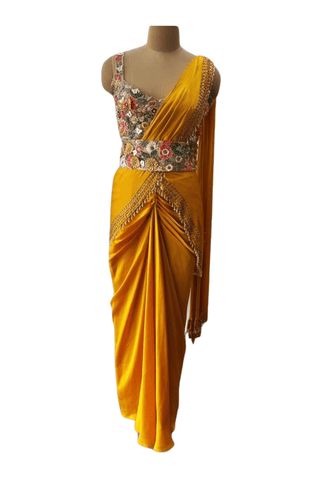 Mustard Floral Pre-Draped Saree Set - Farah Sanjana