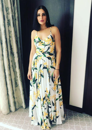 Nargis Fakhri in White Lily Print Maxi