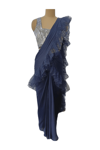 Navy Blue Ruffle Saree - Farah Sanjana