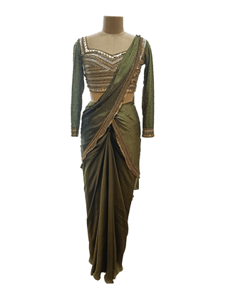 Olive Green Antique Saree Set - Farah Sanjana