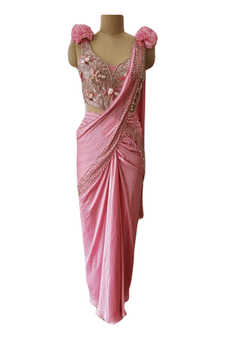 Onion Pink Saree, Organza Work Blouse Set - Farah Sanjana