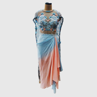 Powder Blue And Peach Drape Skirt Set - Farah Sanjana