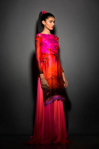 Printed Fuchsia Shaded Satin Georgette Kurta - Farah Sanjana