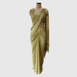 Parrot Green Belted Pre-Draped Saree Set - Farah Sanjana