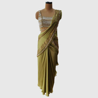 Parrot Green Pre-draped Saree With Ivory Embellished Blouse - Farah Sanjana