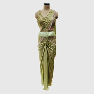 Parrot Green Zig-Zag Pre Draped Saree Set - Farah Sanjana