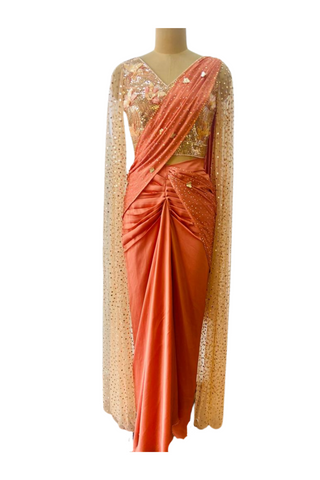 Peach Sculpted Bell Sleeve Saree Set