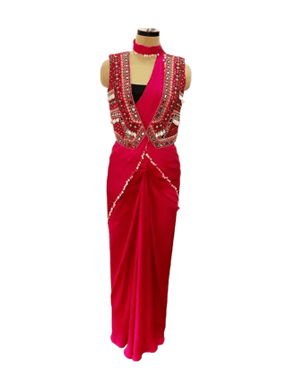 Red Saree With Phulkari Corset - Farah Sanjana