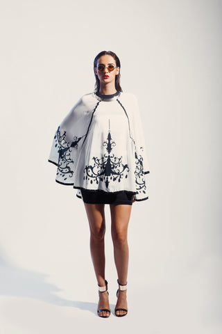 Silk Crepe Chandelier Print Monochrome Cape - Farah Sanjana