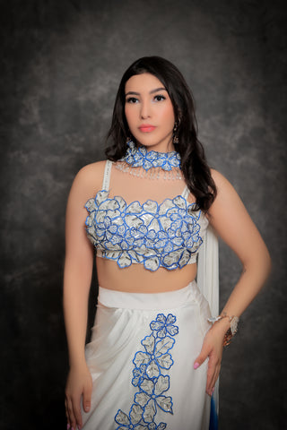 White & blue floral Dhoti Set