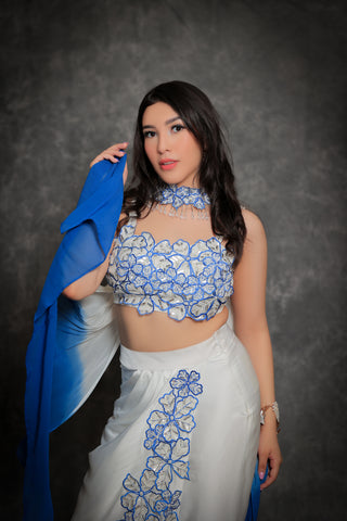 White & blue floral Dhoti Set