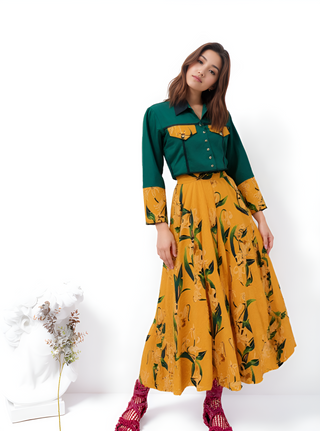 Yellow Lilly Green Jacket Skirt Set
