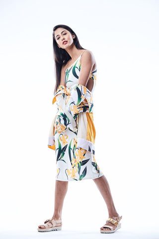 White Lily Print One Off Shoulder Dress - Farah Sanjana