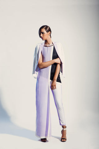 White Pencil Fit Trouser With Lilac Trims - Farah Sanjana