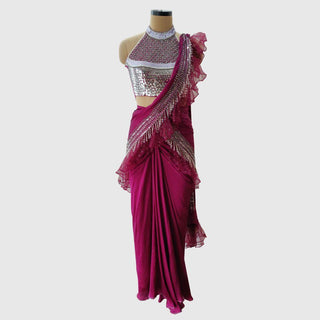 Wine And Silver Pre-Drape Saree Set - Farah Sanjana