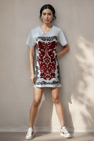 White Red Porcelain T-Shirt Dress - Farah Sanjana