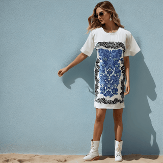 White & Blue Mykonos Printed T-Shirt Dress - Farah Sanjana