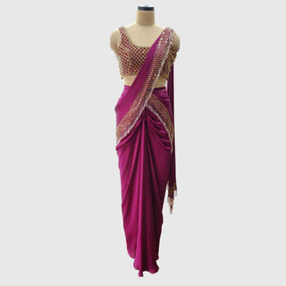 Wine And Gold Embellish Pre Draped Saree Set - Farah Sanjana