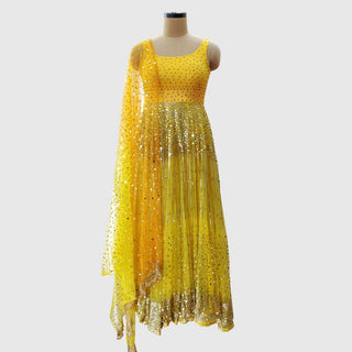 Yellow Foil Embellished Gown Suit - Farah Sanjana