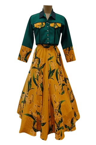 Yellow Lilly Green Jacket Skirt Set - Farah Sanjana